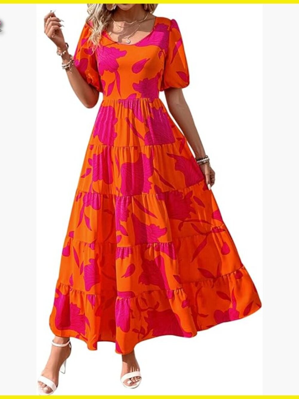 Floral Maxi Dress Puff Sleeve Tiered Hem Smocked Top Wedding Guest Elegant - Picture 1 of 7